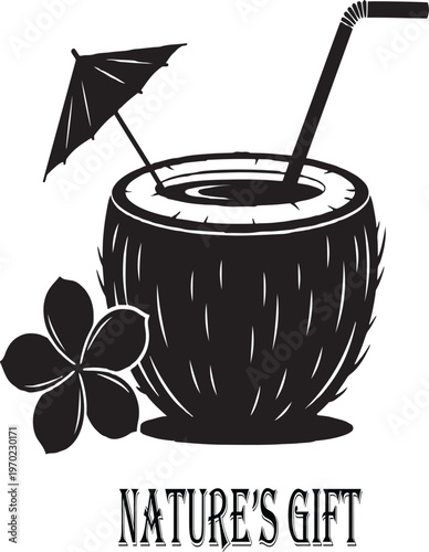 Black and white icon of a coconut with a straw, symbolizing tropical refreshment and healthy drinks. 