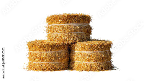 Quadro em tela Isolated three stacked dry golden hay bales tied with twine, perfect for farm an