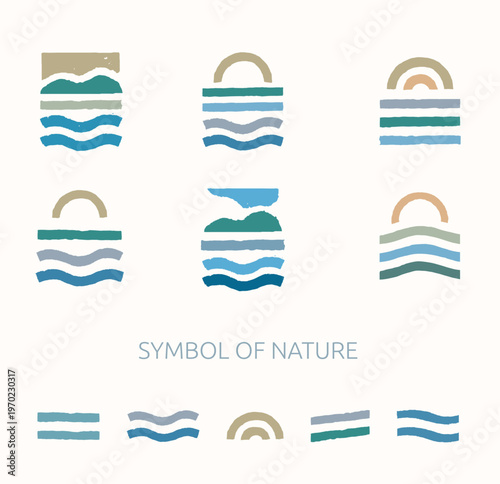 Minimalist set of nature-themed symbols: water, sun, earth, hills, sky, and wind. Abstract figures of mountains, waves, and sun in soft earthy tones, in a modern flat vector style.