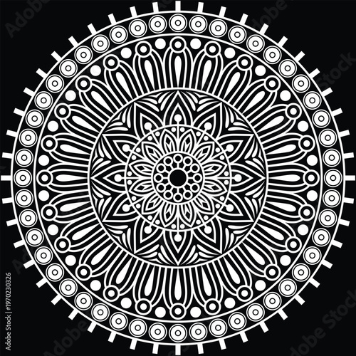 A beautifully detailed decorative mandala design created with intricate floral and geometric elements arranged in a perfectly balanced circular composition.