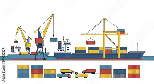 A minimal flat vector artwork of a port scene where ships, cranes, trucks, and containers work in coordination, using simple shapes, a clean flat design, and a white background.