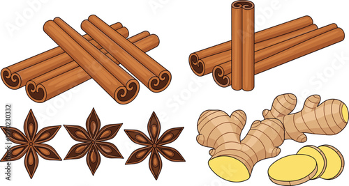 Set of spice illustrations featuring cinnamon sticks, star anise and ginger roots showing natural seasoning and organic cooking ingredient concept isolated