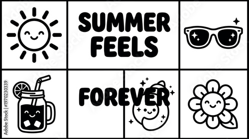 Black and white summer feels text with happy sun sunglasses flower and drink icons vector art