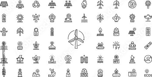 Renewable energy and sustainability outline icon set with solar panels wind turbine eco power and green technology symbols