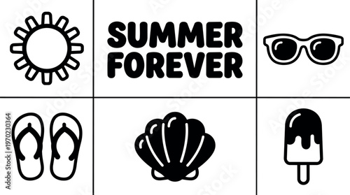 Summer forever text with sun sunglasses flip flops shell and ice cream icons