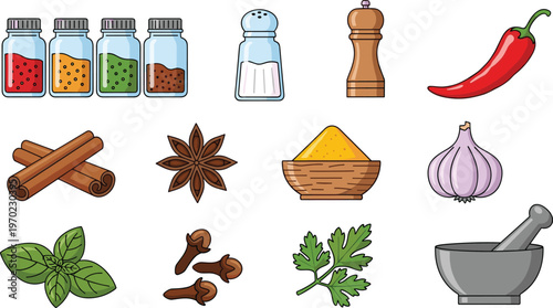 Collection of spice and kitchen ingredient illustrations including pepper, salt, garlic, chili and herbs showing cooking seasoning and culinary concept isolated