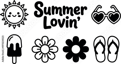 Summer lovin text with sun heart sunglasses ice cream flower flip flops vector art