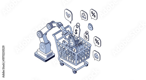 Isometric Robot Arm and Shopping Cart Illustration Representing E-commerce Automation and AI in Retail