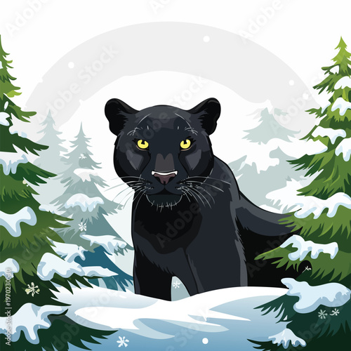Black panther illustration in winter forest with snowfall and evergreen trees