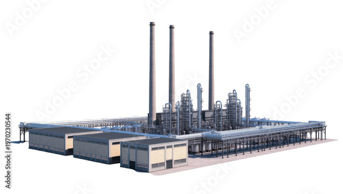 Isolated industrial refinery complex with tall chimneys and extensive piping for energy production