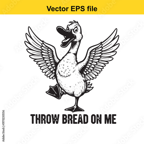 A cartoon duck with wings spread and a caption throw bread on me