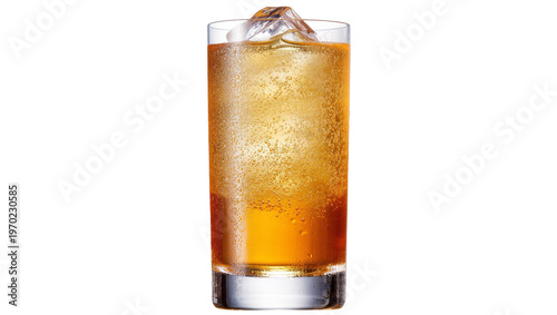 Tableau sur toile Isolated refreshing bubbly amber colored beverage with ice cubes in a tall highball glass