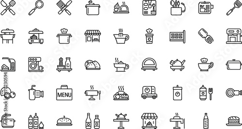 Restaurant and cooking line icon set featuring kitchen utensils food preparation minimal outline vector collection