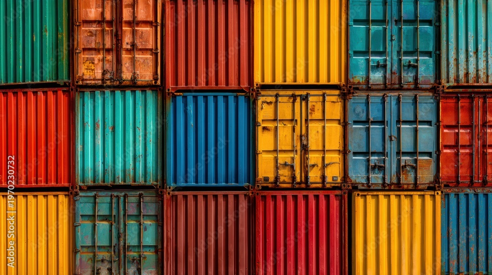 Fototapeta premium Rusty stacked shipping containers arranged in horizontal rows, peeling paint and patina, industrial freight yard atmosphere, muted orange and teal palette, gritty textured surface suggesting timeworn