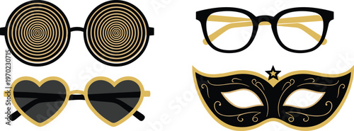 Stylish glasses and mask vector set, fashion eyewear collection, round spiral heart sunglasses and carnival mask, flat design isolated