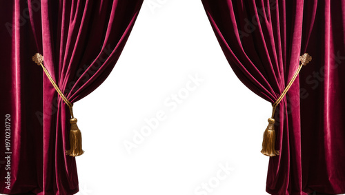Cuadro en lienzo Isolated two luxurious red velvet theater curtains pulled open with gold tie-bac