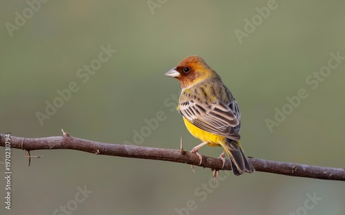 Canvas Print Male Red-headed Bunting (Emberiza bruniceps) spotted at Nalsarovar Bird Sanctuary, Ahmedabad, India