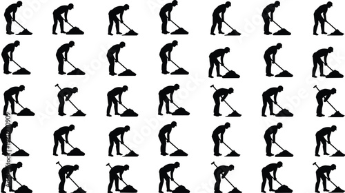 Pattern of worker silhouettes shoveling soil in repetitive poses showing manual labor, construction activity and digging work concept isolated on white background
