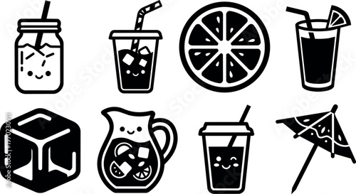 Cute black and white smiling drinks with ice cubes and lemon slice vector art