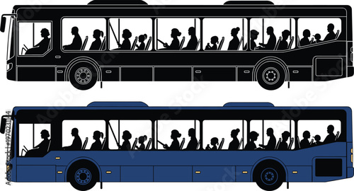 City bus silhouettes with passengers inside showing public transportation, urban commute, travel activity and daily transit lifestyle concept isolated on white background