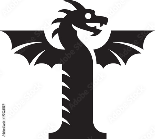Stylized silhouette of a medieval dragon with outstretched wings and sharp teeth