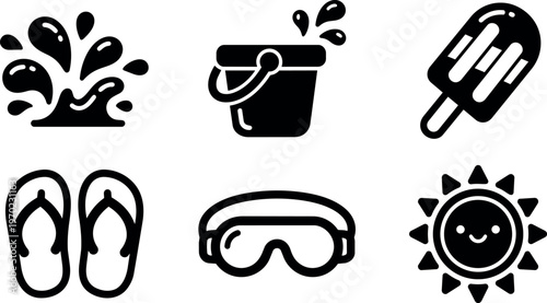 Black and white summer beach icons including splash bucket ice pop sandals goggles and smiling sun