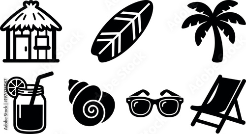 Black and white beach icons with hut surfboard palm sunglasses and lounge chair
