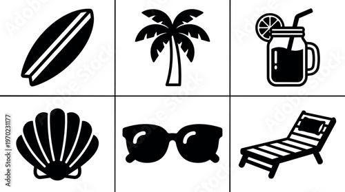 Black and white beach icons with surfboard palm shell sunglasses and sun lounger