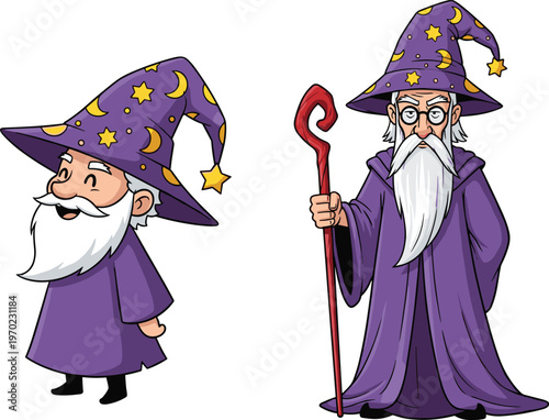 Wizard character vector illustration, fantasy magician with hat and staff, cartoon sorcerer design, magical theme, flat style isolated background