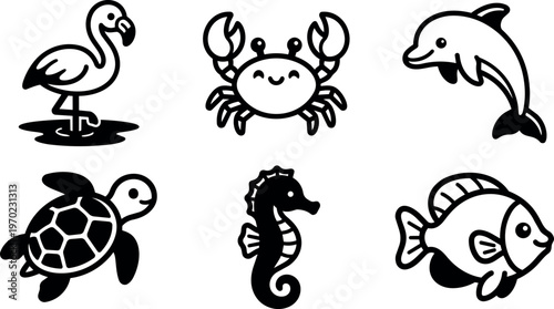Black and white line art cute sea animals icons set