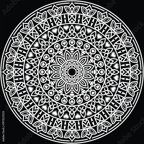 A beautifully detailed decorative mandala design created with intricate floral and geometric elements arranged in a perfectly balanced circular composition.