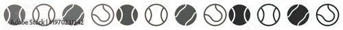 Tennis ball icon set, 12 minimalist sports equipment symbols, black and white vector graphics