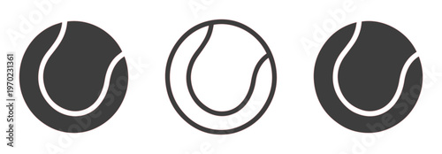 Minimalist tennis ball icons set, black and white sports equipment, flat vector graphic elements