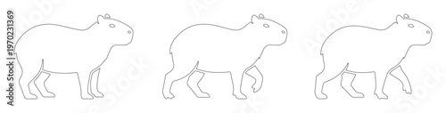 Minimalist capybara line art vector set, simple outline drawing of South American rodents, walking capybara character icons for coloring or logo design