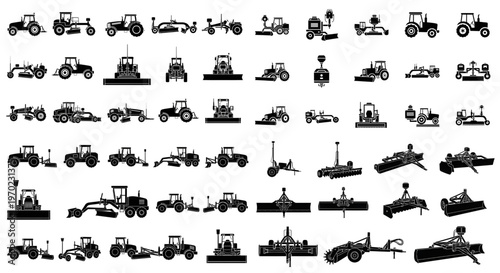 Heavy Agriculture Tilling Machinery Silhouette Icon Set, heavy-duty industrial and agricultural machinery used for tilling, soil preparation, grading, cultivation, including graders, plows, and harrow