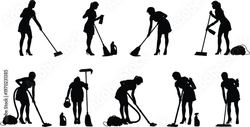 House cleaning silhouettes with vacuum and mop tools over textured background showing domestic work, hygiene routine and professional cleaning service concept