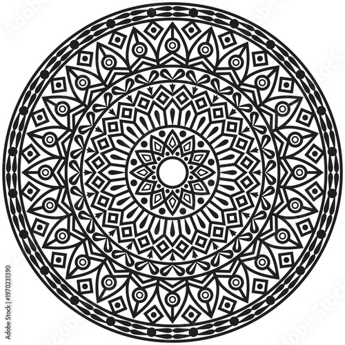 A beautifully detailed decorative mandala design created with intricate floral and geometric elements arranged in a perfectly balanced circular composition.