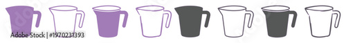 Measuring cup vector icons set, collection of 8 kitchen jug symbols in purple and gray colors, flat outline and solid plastic pitcher illustrations