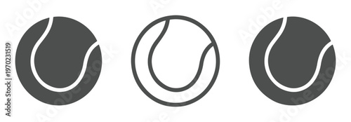 Minimalist tennis ball icon set, flat vector tennis equipment symbols, black and white sports graphic elements for tournament branding and apps