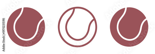 Minimalist tennis ball icons, burgundy sports equipment symbols, flat vector athletic set