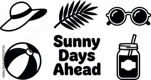 Black and white summer icons with sunny days ahead phrase and beach accessories