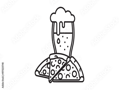 Black and white sketch of a pint of beer with pizza slices below