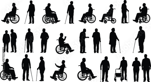 Set of elderly people silhouettes with walking sticks and wheelchairs showing senior lifestyle, mobility assistance and aging care concepts isolated