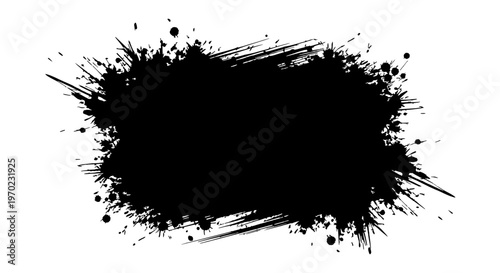 Black ink splatter creates messy artistic texture on white