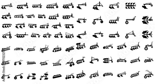Large collection of black silhouette icons, agricultural plows, Vector silhouettes of numerous different models and types of agricultural plows, showcasing a diverse range of farming implement designs
