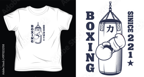 Boxing graphic with punching bag and glove in dark blue colors.