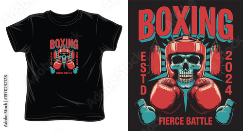 Boxing club logo design with skull in head guard wearing boxing gloves and punch bags vintage style illustration