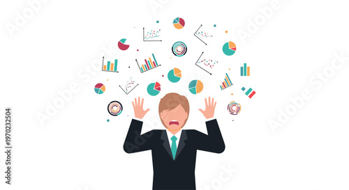 A man in a suit stands overwhelmed by floating data charts and graphs against a plain white background.