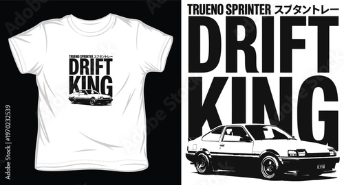 Trueno sprinter drift king japanese writing and vintage car on white t-shirt design