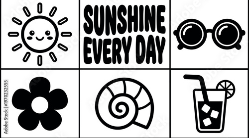 Black and white sunshine every day text with happy sun flower shell sunglasses and lemonade icons